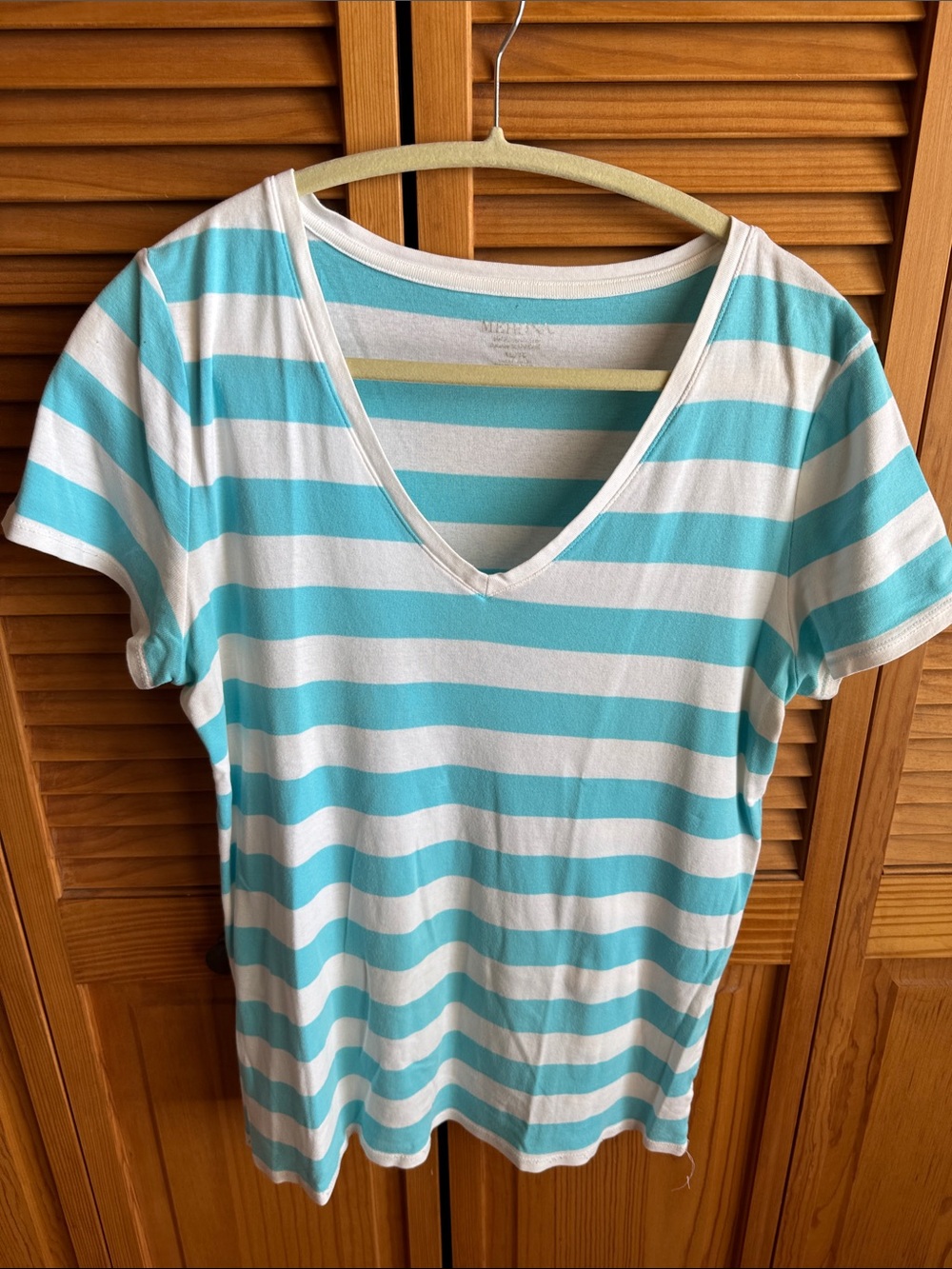 Merona Women’s Striped V-Neck Short Sleeve Top - White & Light Blue